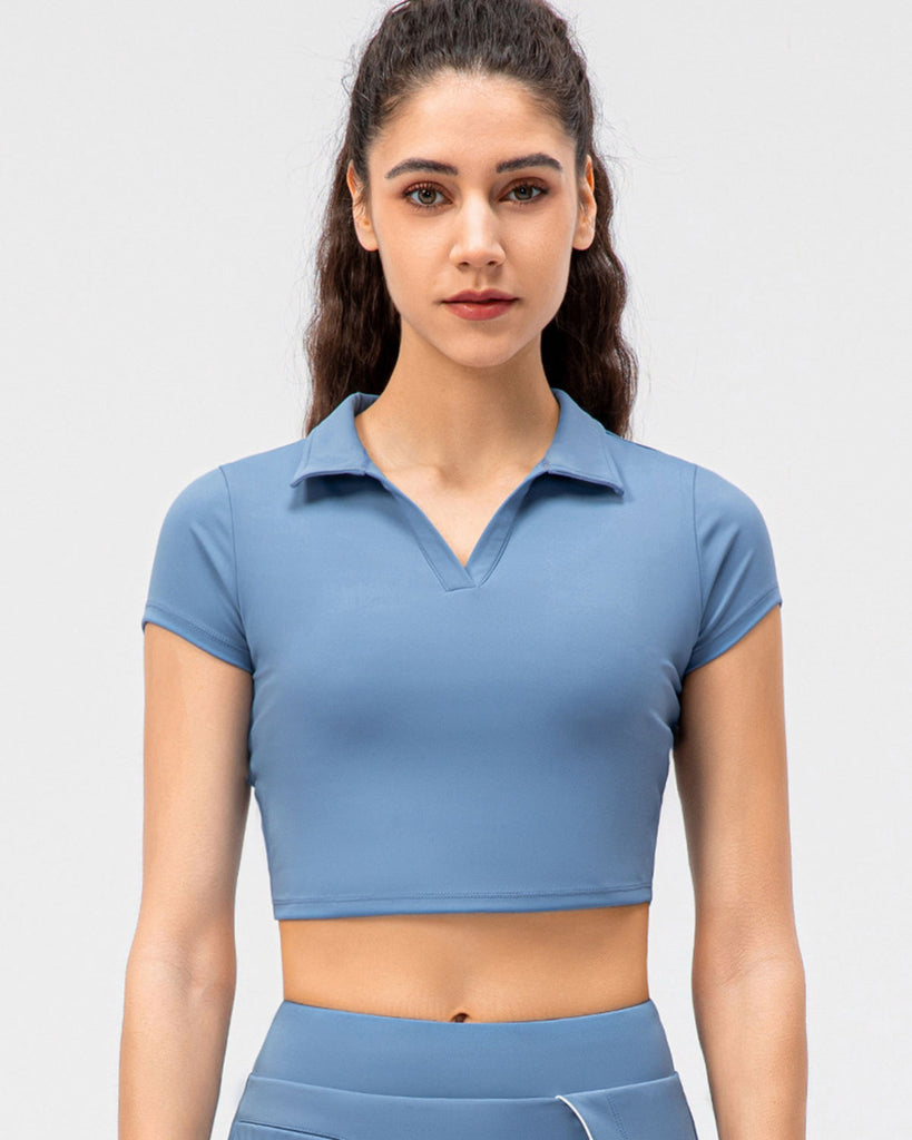 Blue Cropped Short Sleeve Yoga Top - Medium Support