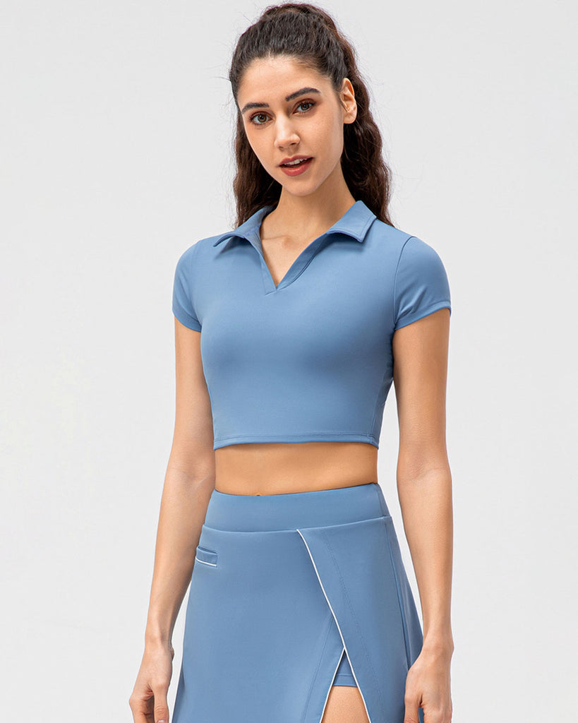 Blue Cropped Short Sleeve Yoga Top - Medium Support