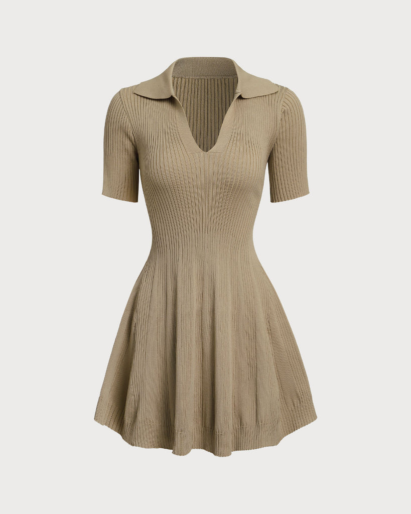 Khaki A-Line Pleated Sweater Mini Dress  - RIHOAS