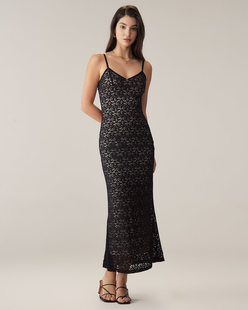 Black Lace Bodycon Slip Maxi Dress