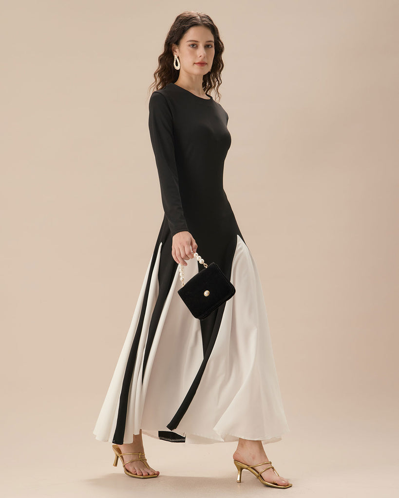 Women's Black Contrasting Long Sleeve Maxi Dress