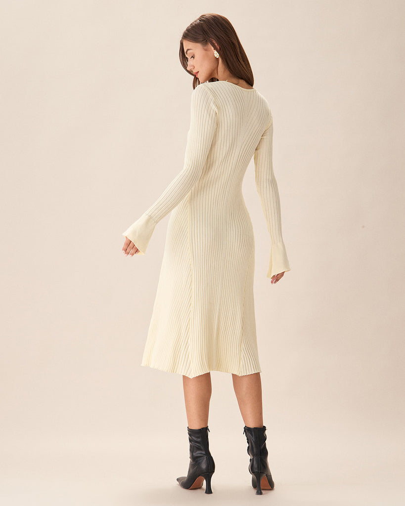 Apricot V-Neck Bell Sleeve Sweater Dress