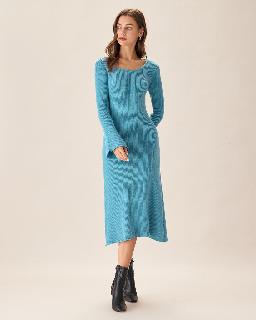 Blue U Neck Bell Sleeve Sweater Dress