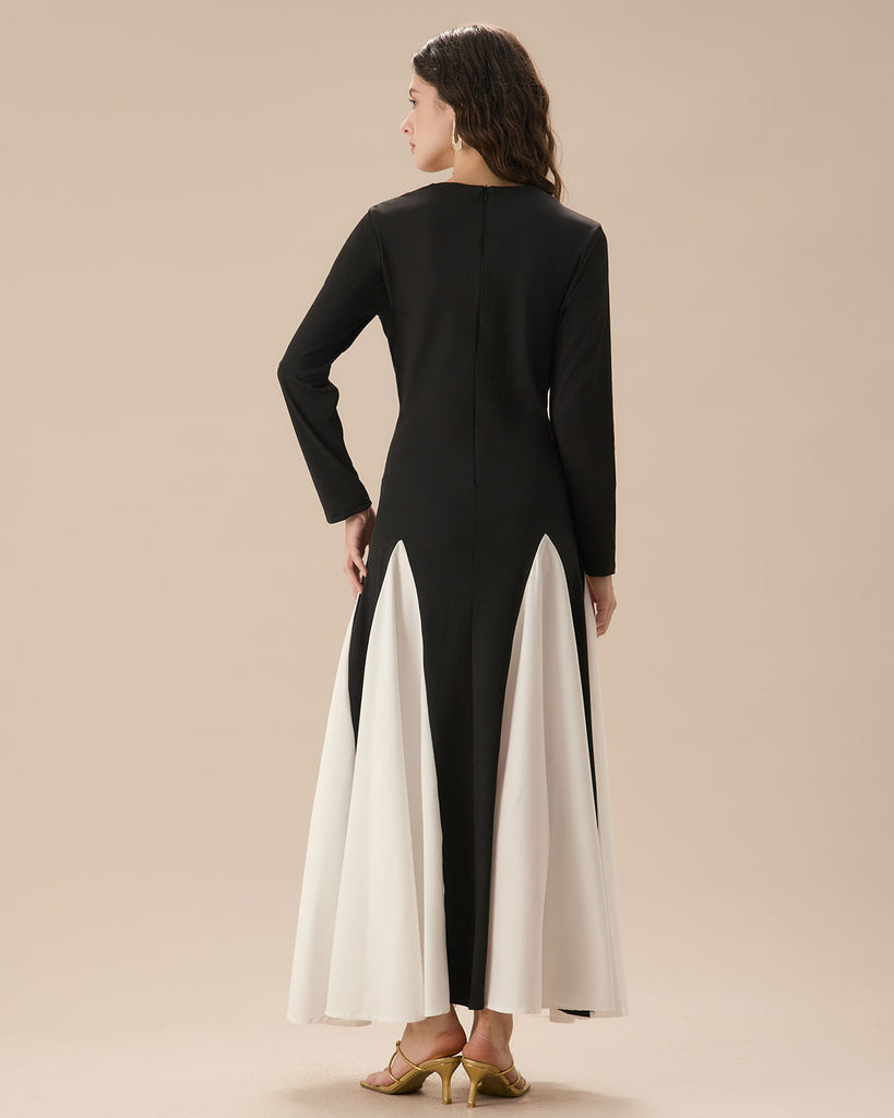 Women's Black Contrasting Long Sleeve Maxi Dress