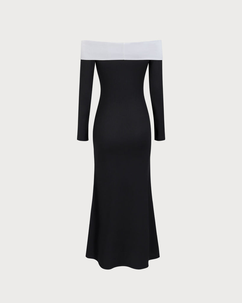 Women's Black Contrasting Off-the-shoulder Maxi Dress