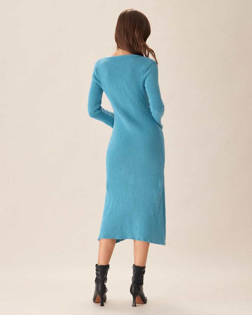 Blue U Neck Bell Sleeve Sweater Dress