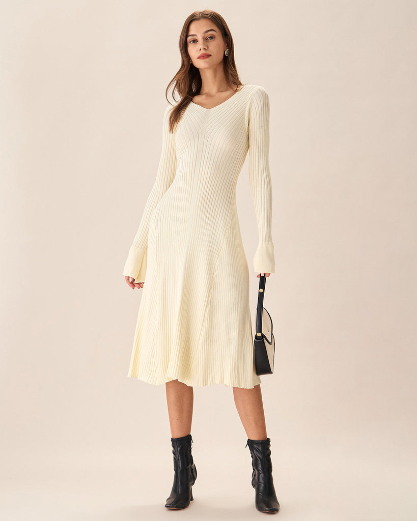 Apricot V-Neck Bell Sleeve Sweater Dress