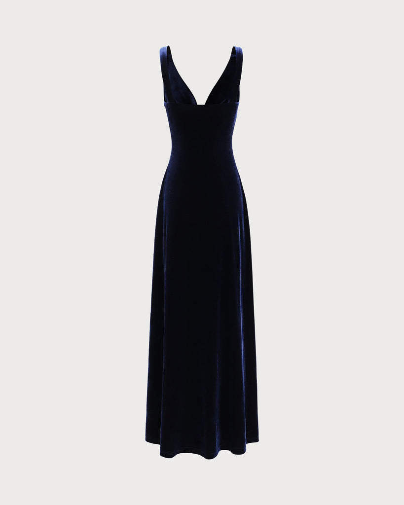 Navy Cowl Neck Velvet Maxi Dress