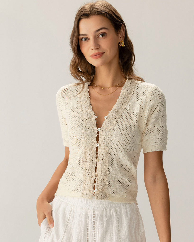 Beige Crochet Textured Cropped Cardigan