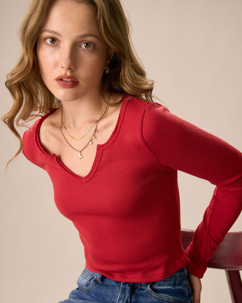 Women's Red Long Sleeve Ribbed Knit Top