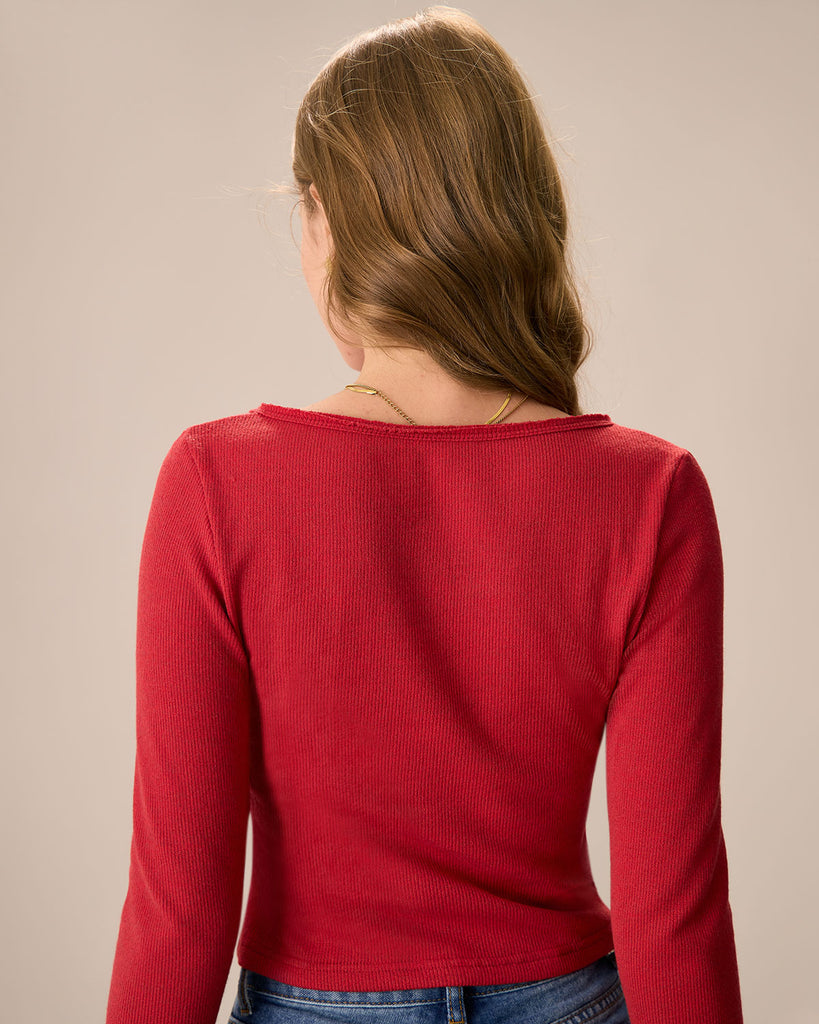 Women's Red Long Sleeve Ribbed Knit Top