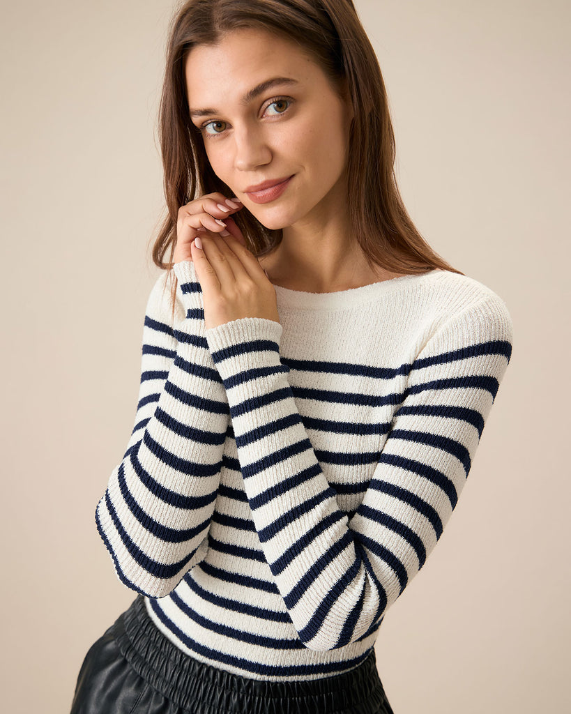 Women's Navy Boat Neck Slim Striped Sweater