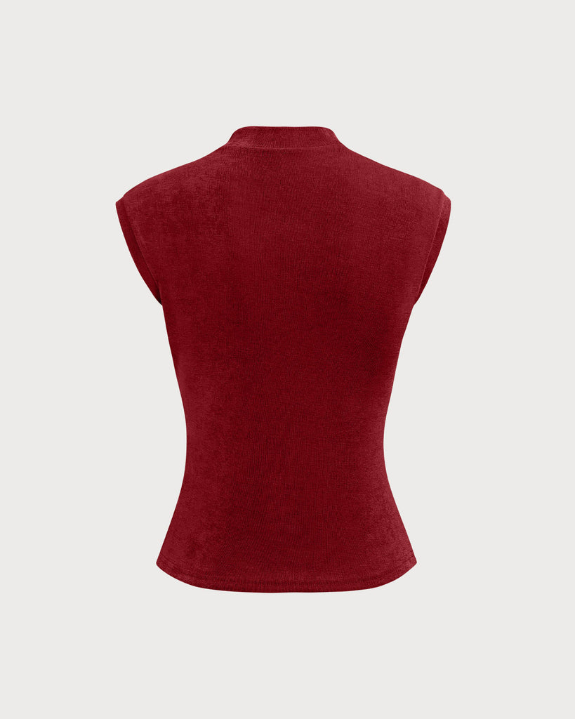 Women's Wine Red Mock Neck Sleeveless Knit Top 