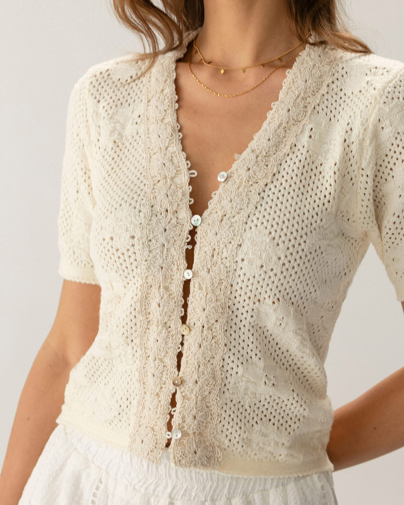 Beige Crochet Textured Cropped Cardigan