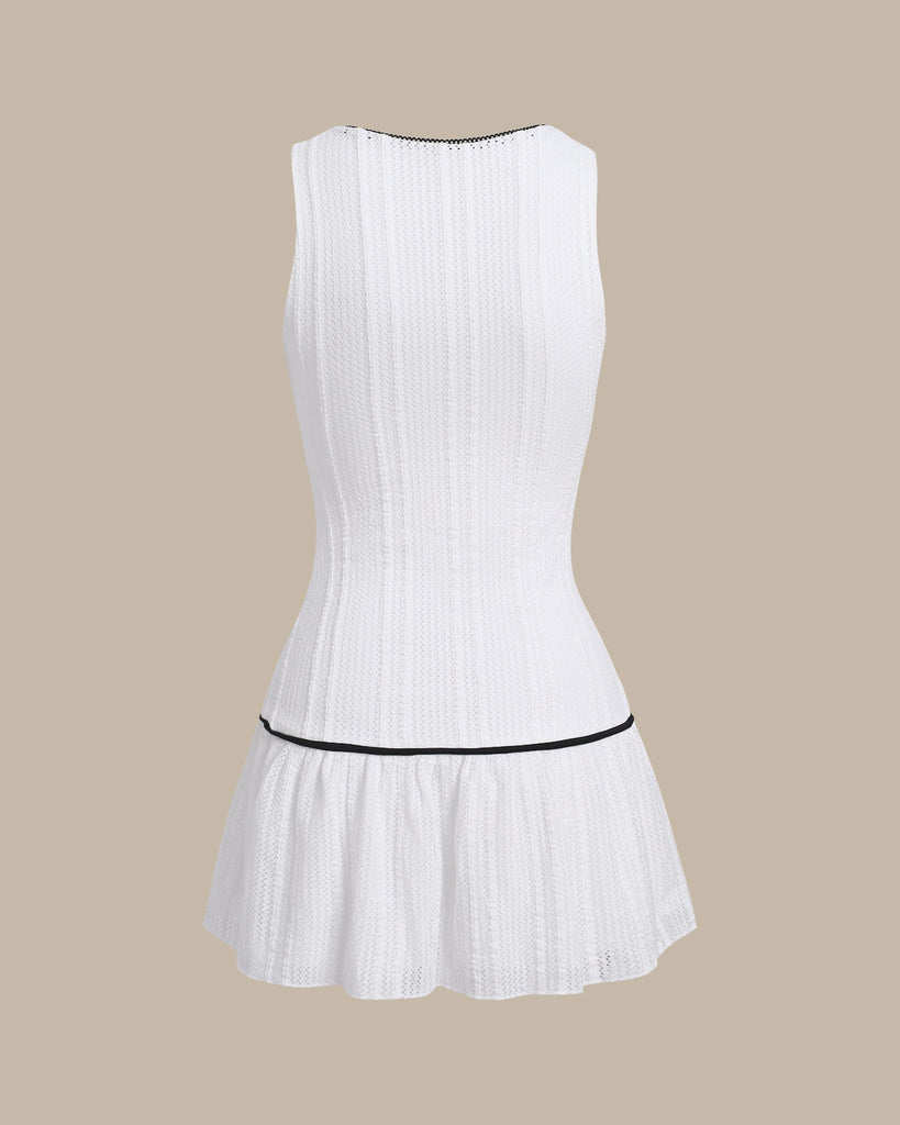 White Contrast U Neck Sleeveless Mini Dresses