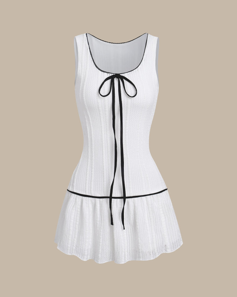 White Contrast U Neck Sleeveless Mini Dresses