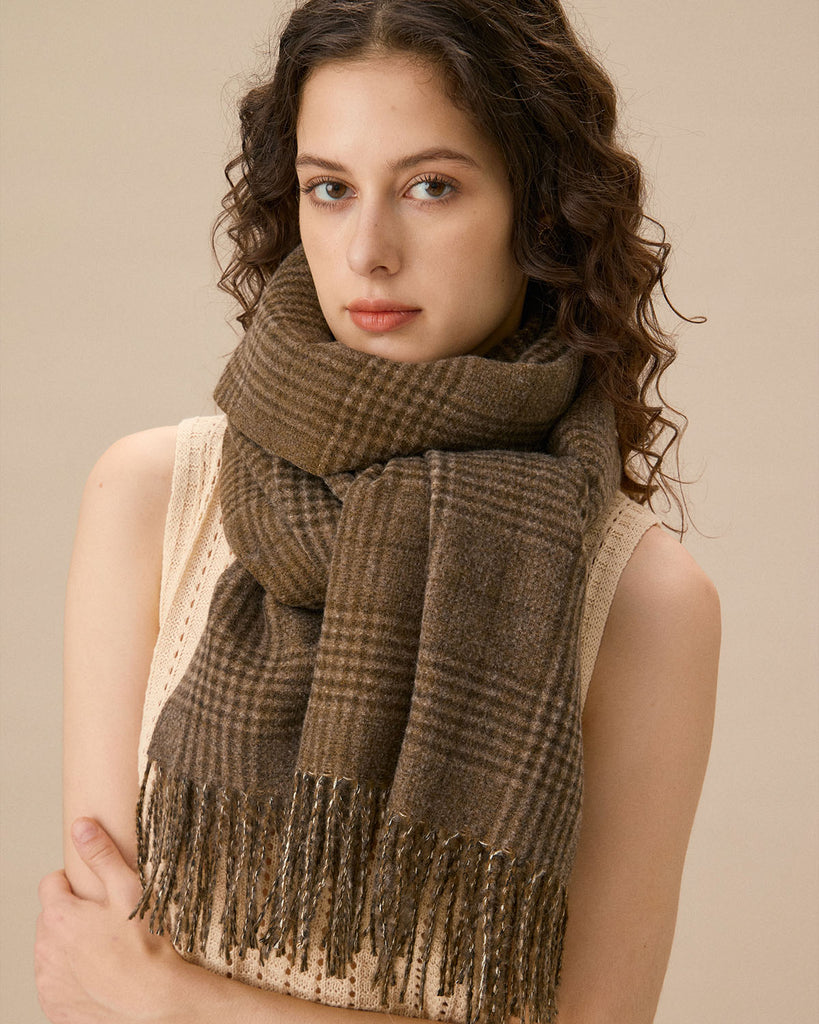 Brown Plaid Tassel Scarf