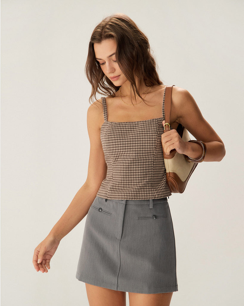 Grey High Waisted Button Mini Skirt