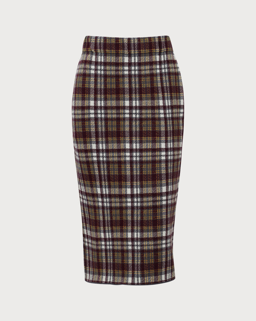 Red Plaid Elastic Waist Straight Midi Skirt