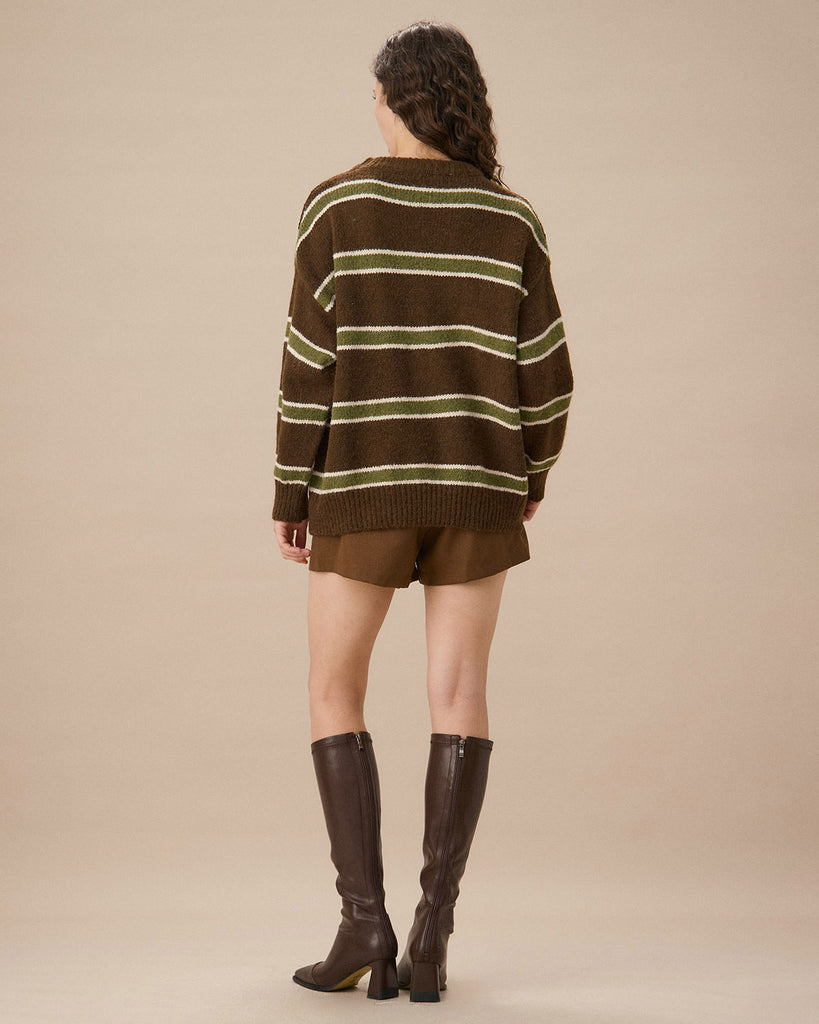 Brown Drop Shoulder Striped Sweater