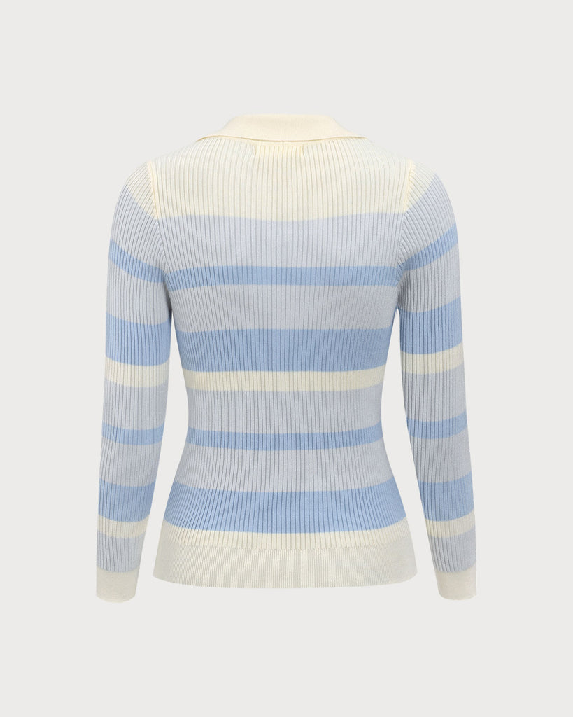 Blue Striped V-Neck Slim Sweater