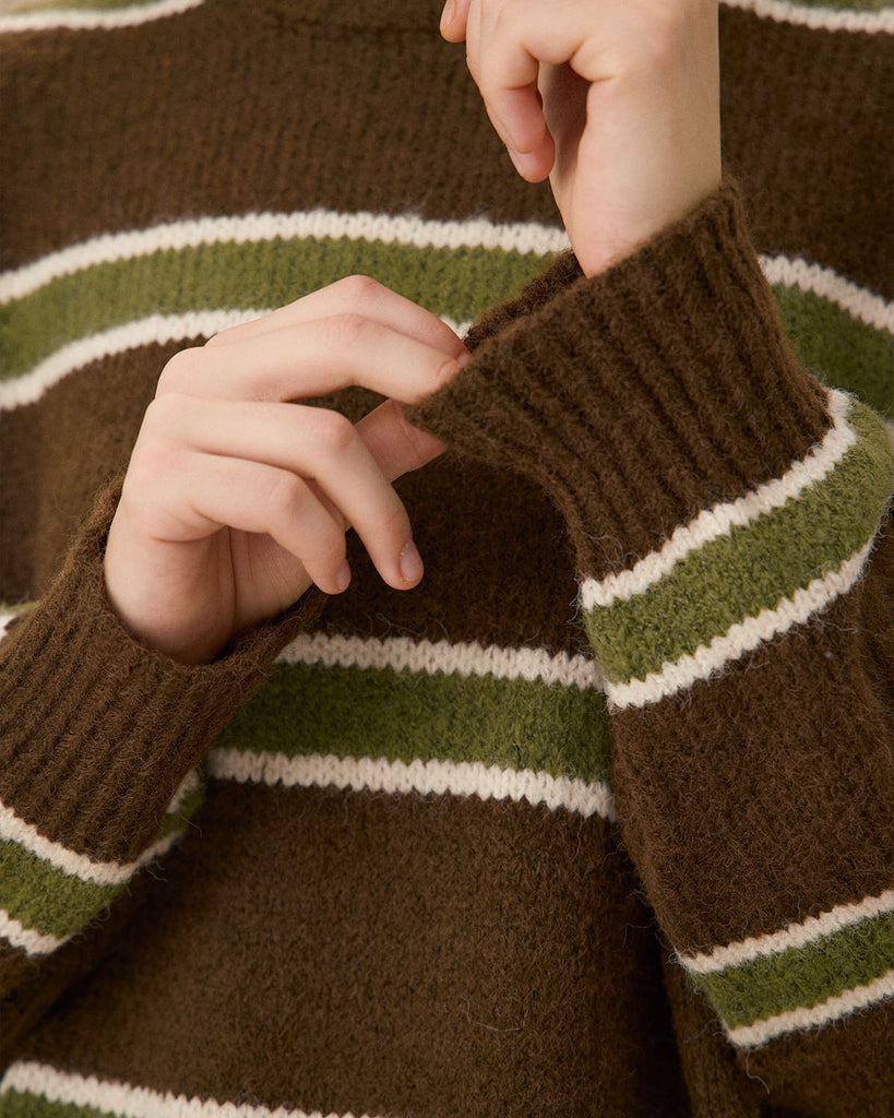 Brown Drop Shoulder Striped Sweater