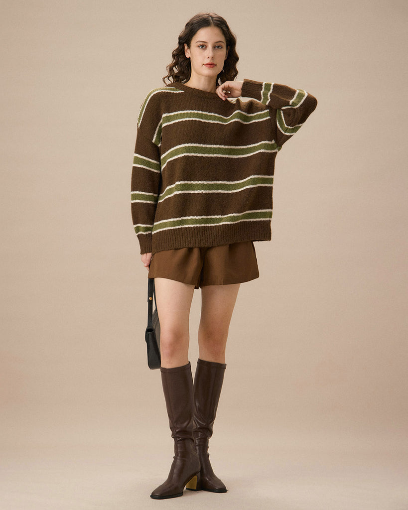 Brown Drop Shoulder Striped Sweater