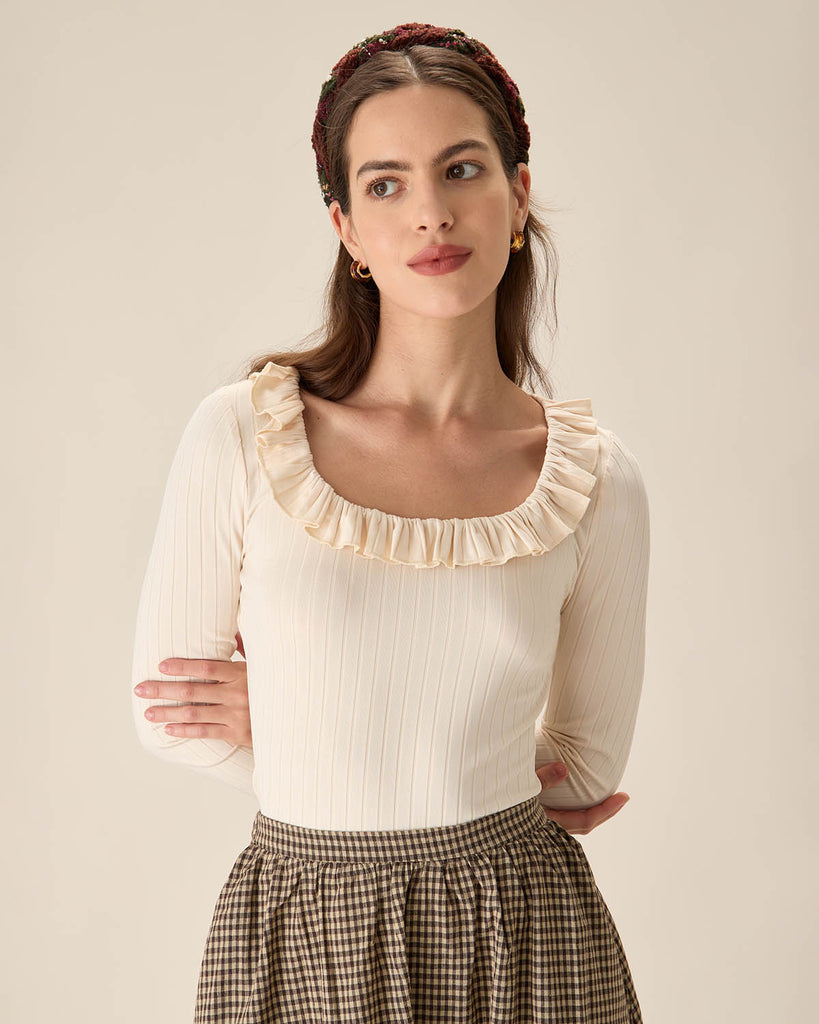 Women Knitted Polyester Tees Beige Tops - RIHOAS