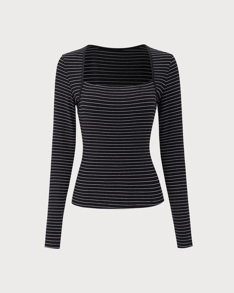 Black Square Neck Striped Knit Tee