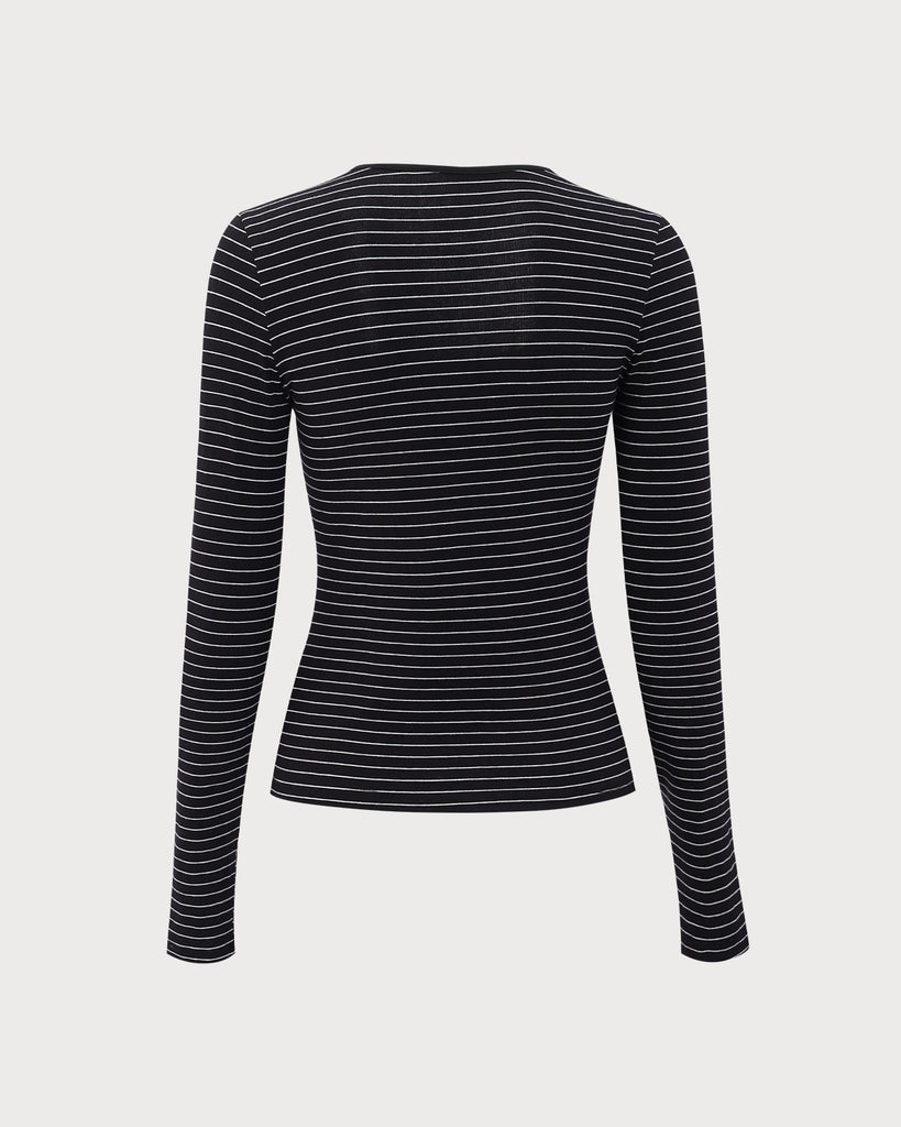 Black Square Neck Striped Knit Tee