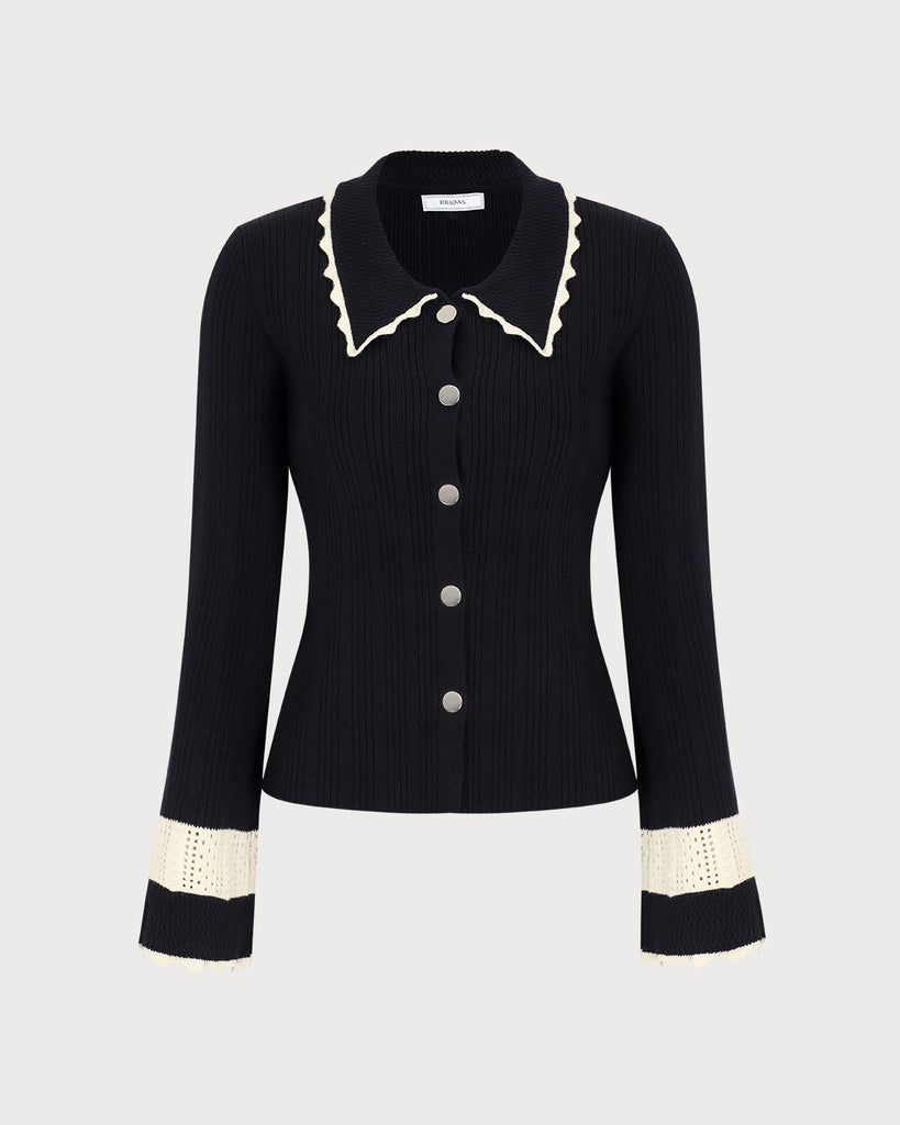 Women's Black Splicing Button Ribbed Cardigan