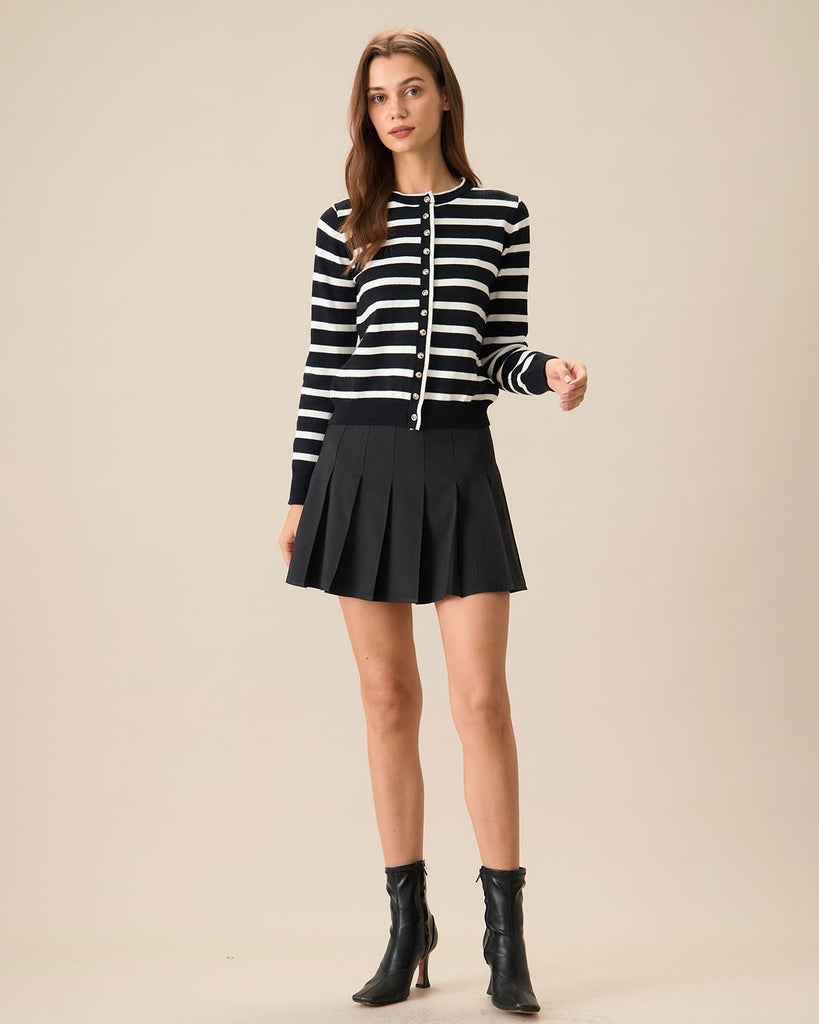 Women's Black Striped Single-Breasted Cardigan