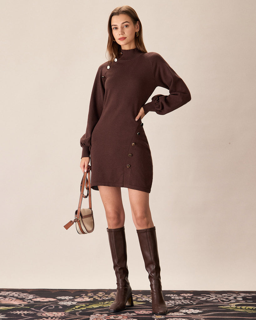 Brown Mock Neck Button Sweater Dress