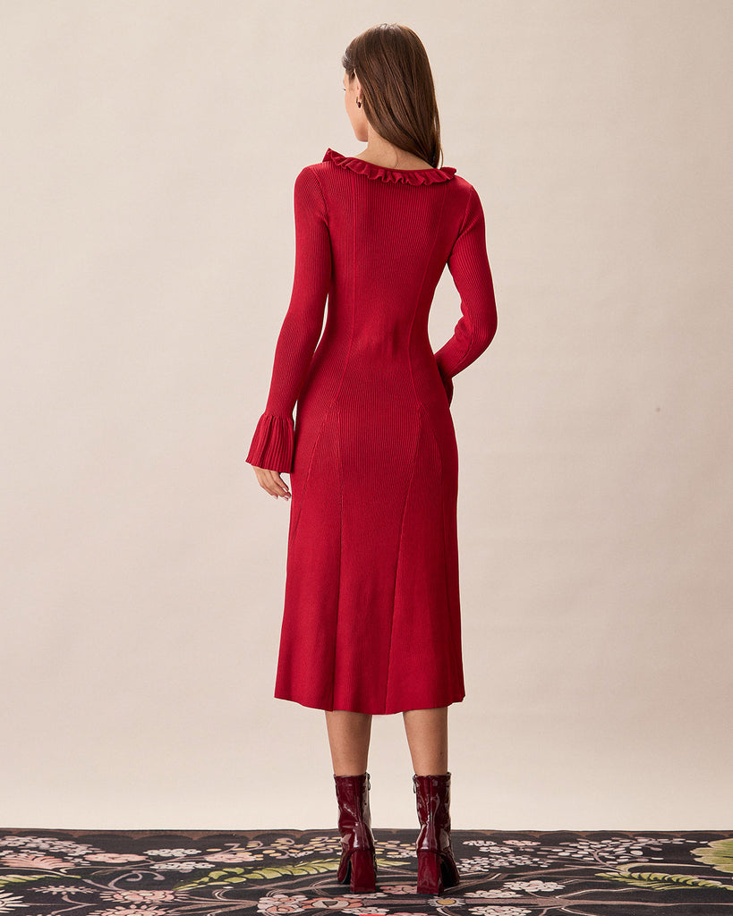 Red Round Neck Ruffle Sweater Dress