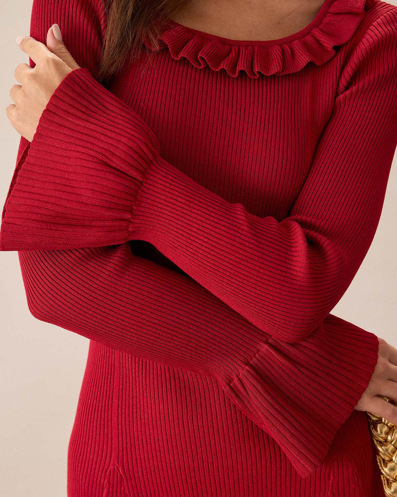 Red Round Neck Ruffle Sweater Dress