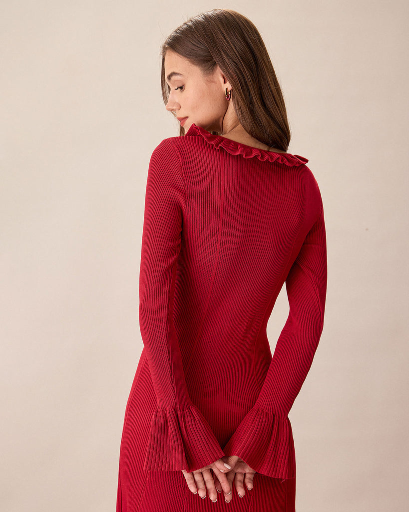 Red Round Neck Ruffle Sweater Dress