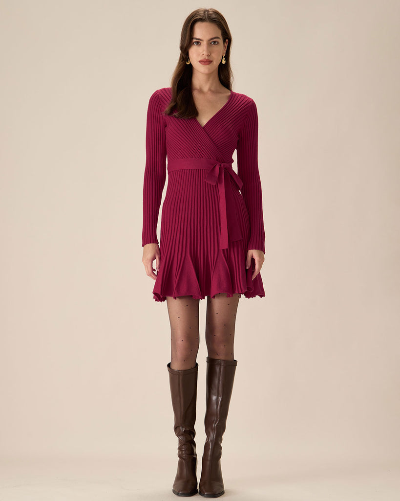 Wine Red Wrap Sweater Mini Dress