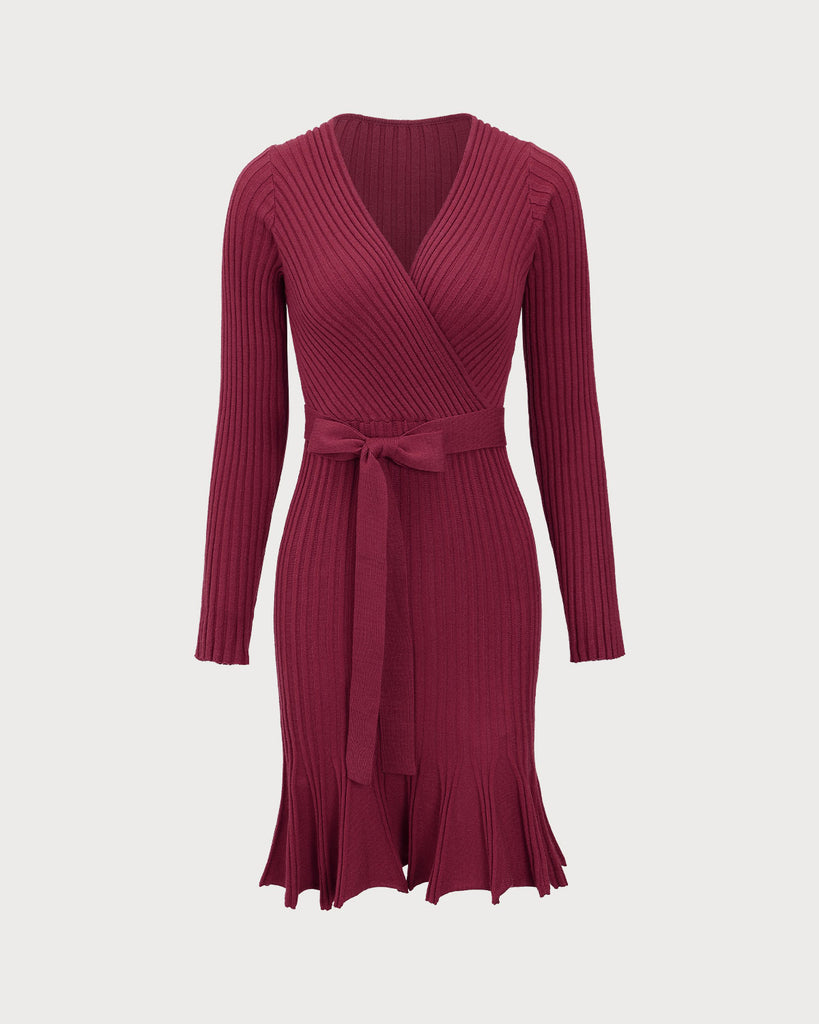 Wine Red Wrap Sweater Mini Dress