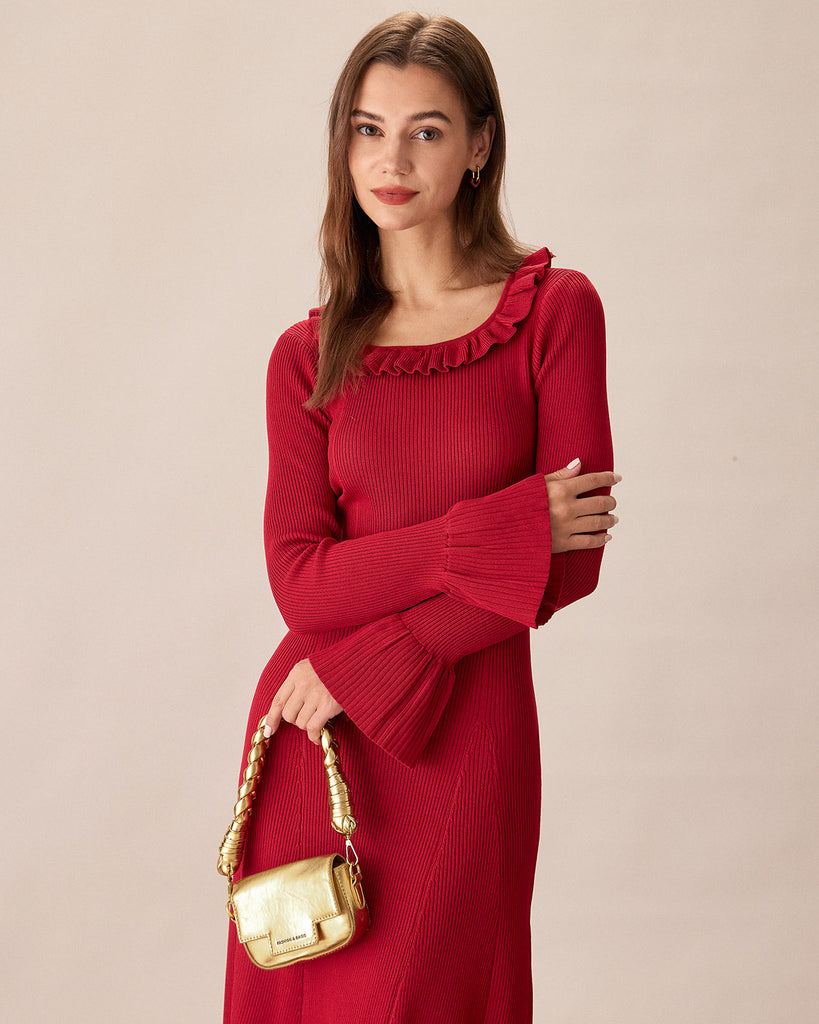 Red Round Neck Ruffle Sweater Dress