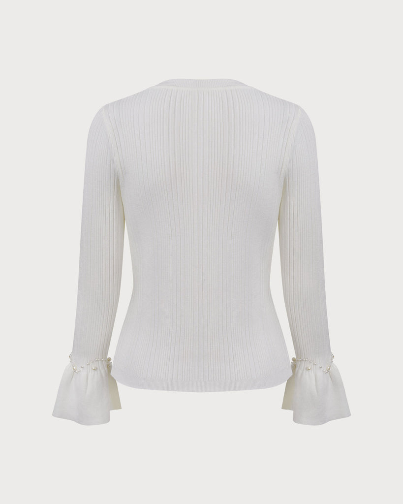 Women's White Crew Neck Slim Ribbed Sweater