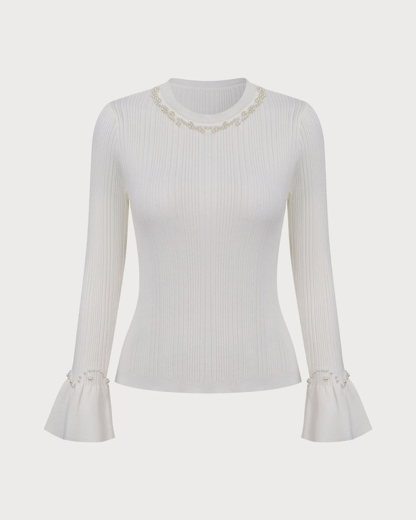 Women's White Crew Neck Slim Ribbed Sweater