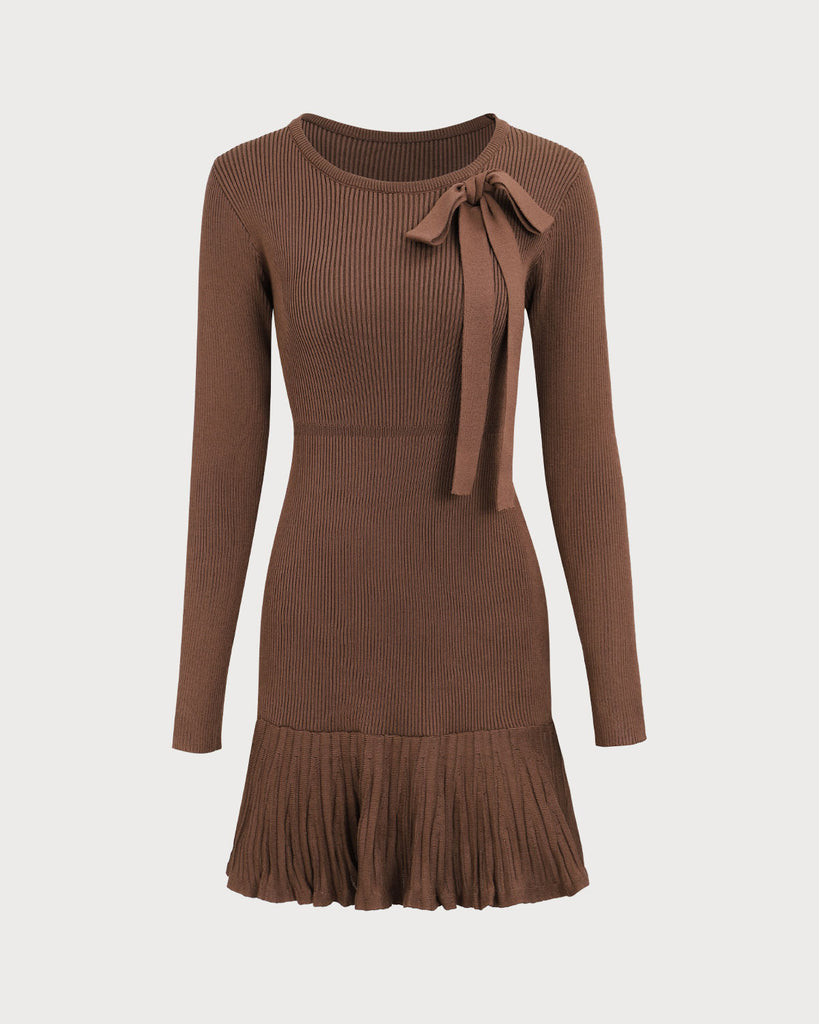 Women's Brown Bowknot Long Sleeve Sweater Mini Dress