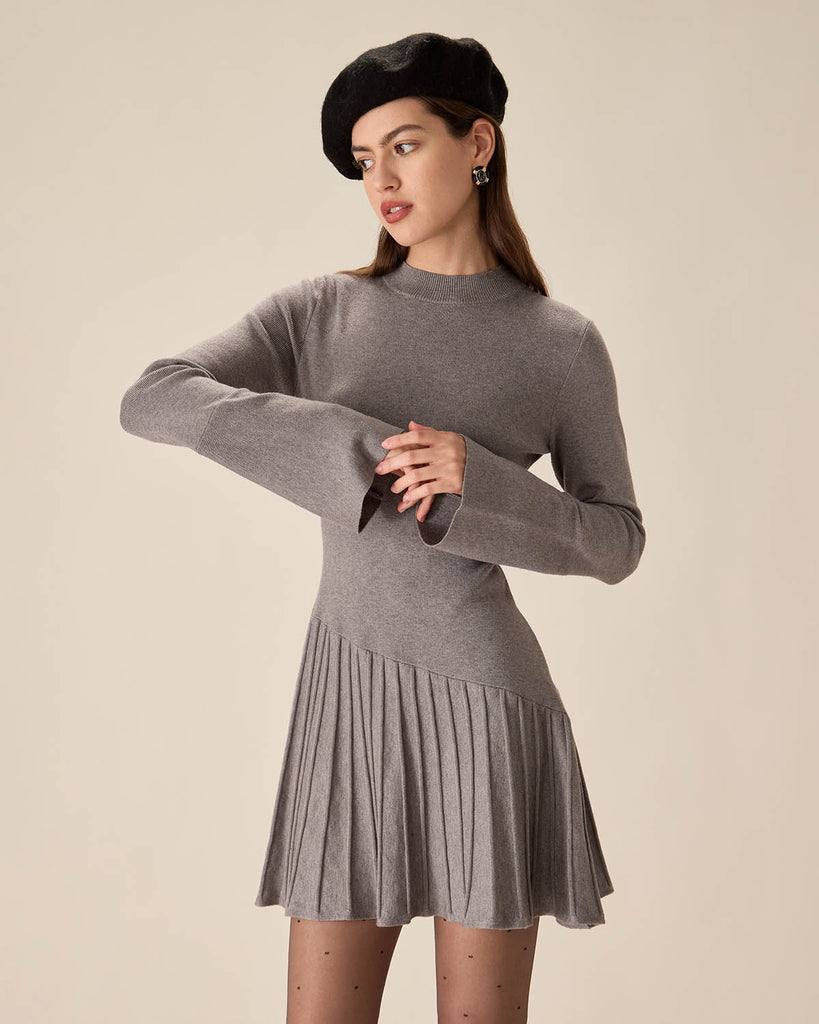 Grey Mock Neck Bell Sleeve Sweater Dress