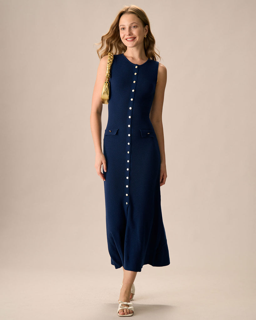 Women Knitted Viscose Sweater Dresses Navy Dresses - RIHOAS