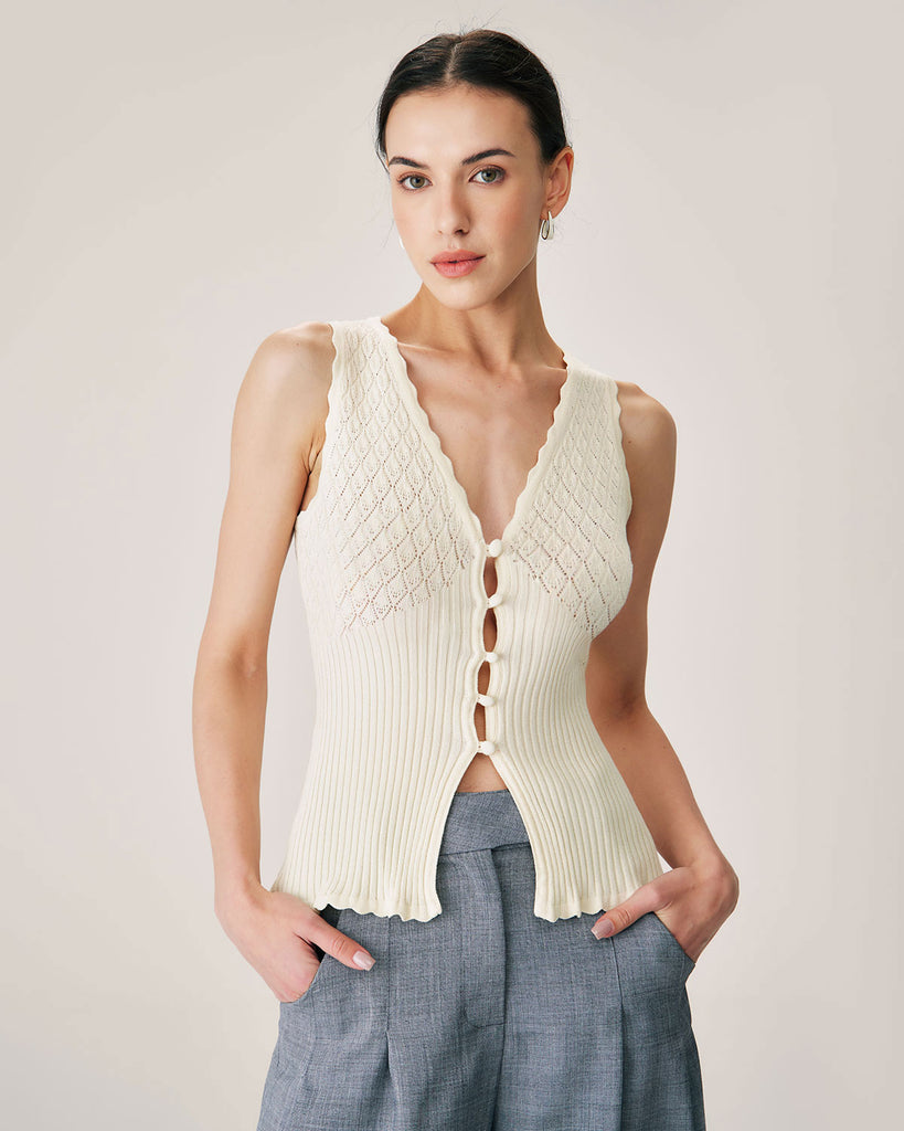 Beige V Neck Ribbed Knit Tank