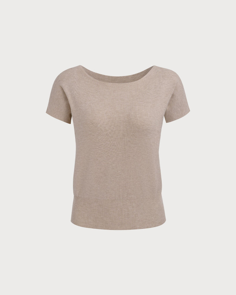 Women's Camel Boat Neck Ribbed Knit Tee