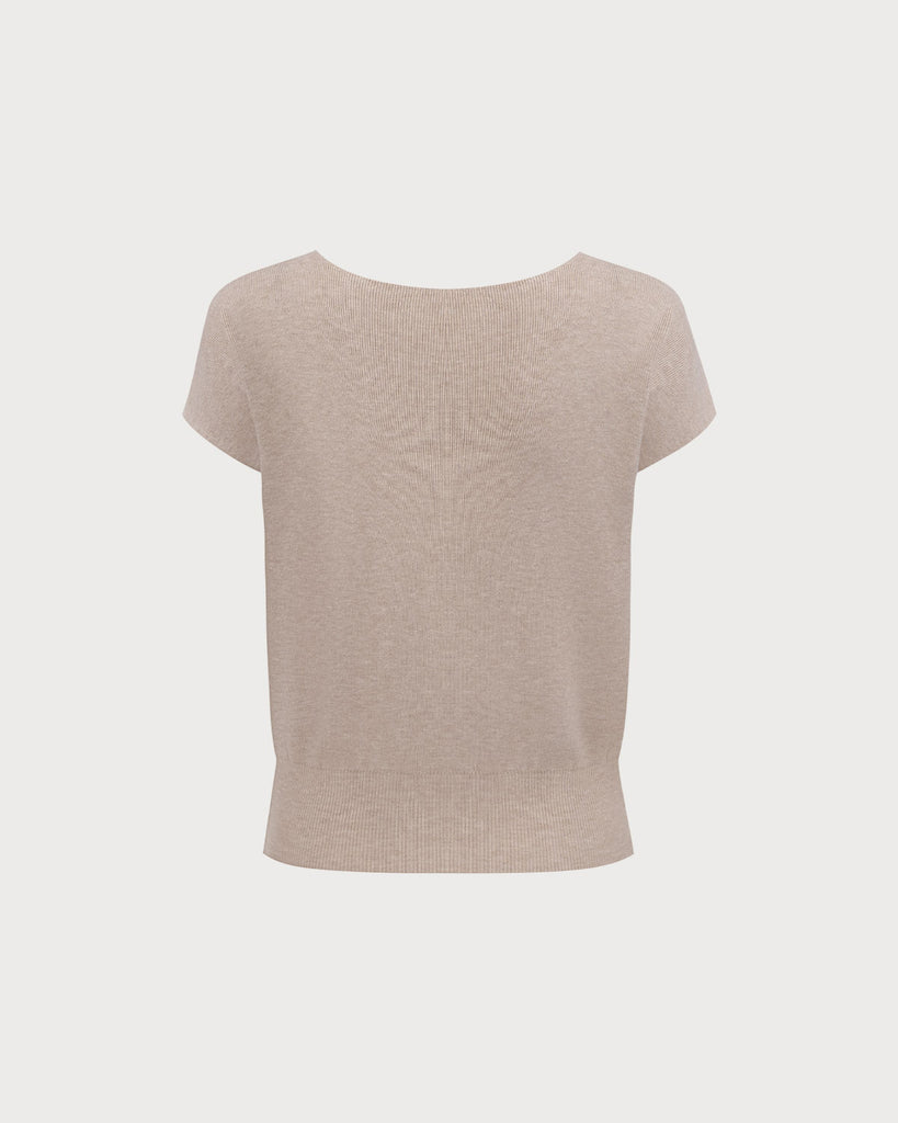 Women's Camel Boat Neck Ribbed Knit Tee