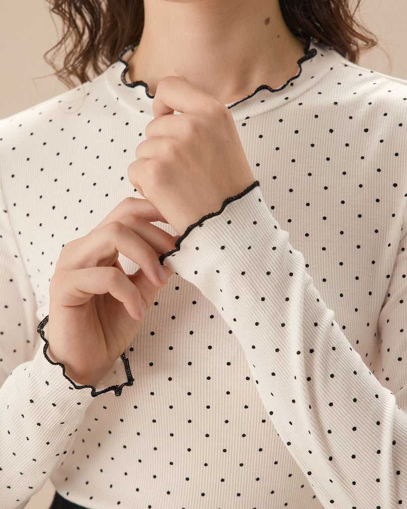 Women's White Mock Neck Polka Dot Tee