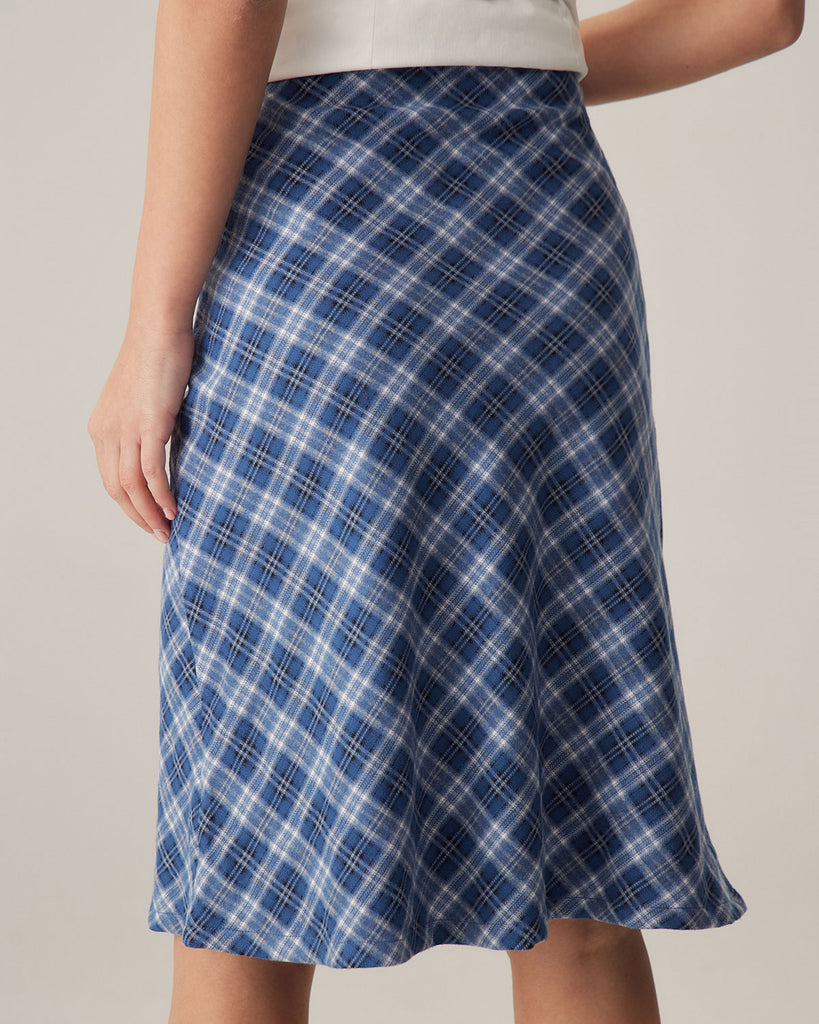 Blue Plaid Straight Midi Skirt