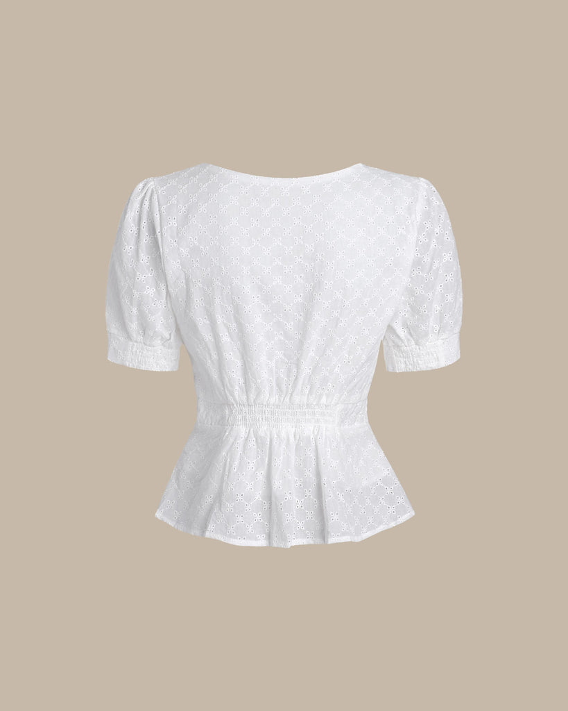 White Embroidery Button Round Neck Blouse - RIHOAS